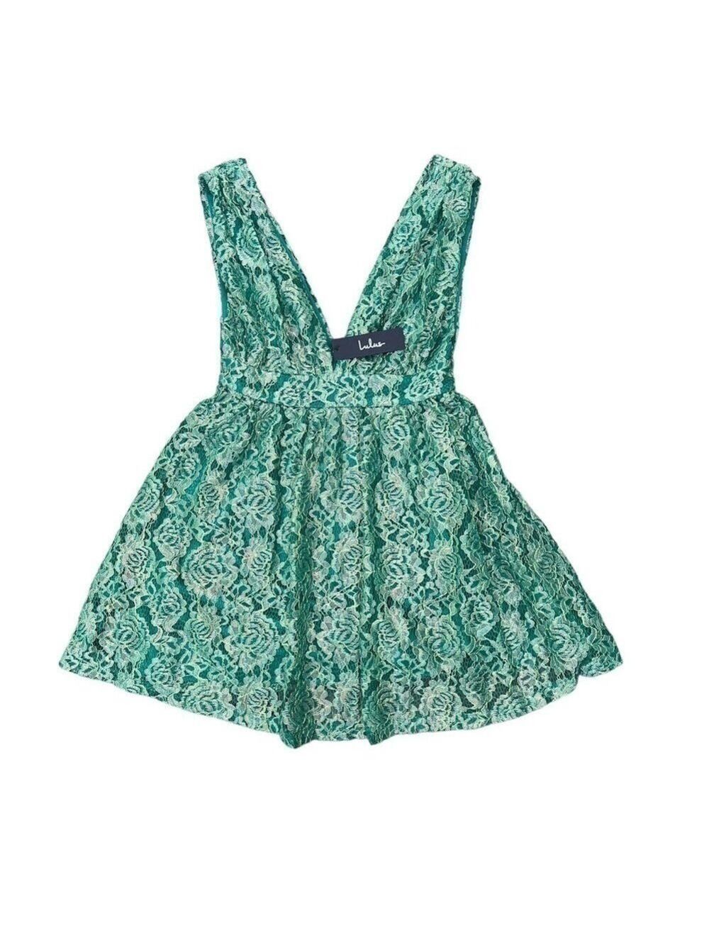 Lulus Tawny Green Metallic Skater Dress Floral Lace Deep V-Neck Size Small NWT - Picture 3 of 14